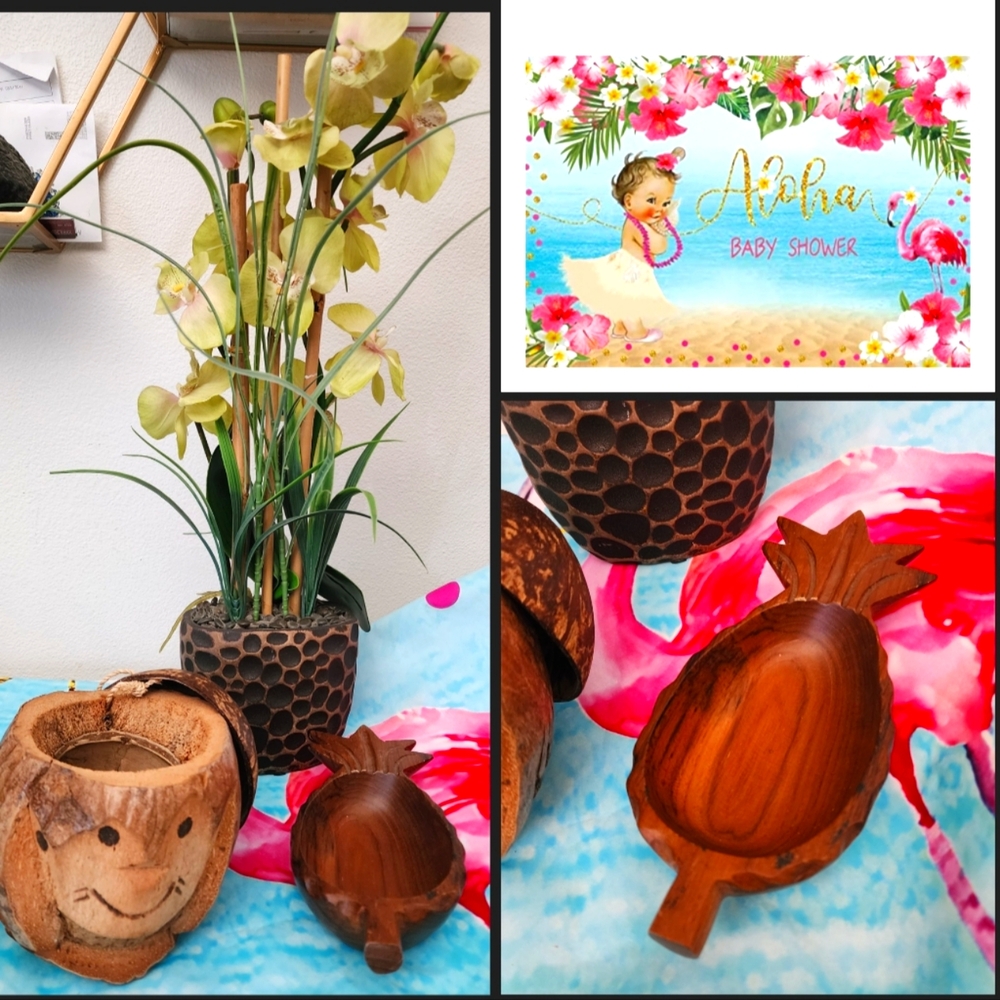 4 Pc Luau Decorations 7'×5' Aloha Baby Shower Banner, Orchid, Coconut & Bowl
